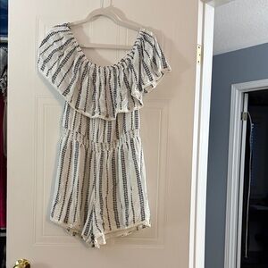 Lulu's White Romper with Navy Embroidered Stripes